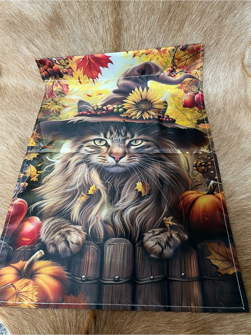 Autumn Witch Cat out door flag Sunflower Hat & Pumpkins